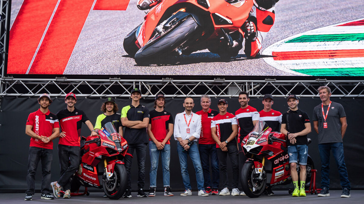 World Ducati Week 2022 press conference 11 Bastianini Bagnaia Bezzecchi Marini Bulega Domenicali Ciabatti Rinaldi Pirro O.Bayliss Bautista T.Bayliss UC398471 High