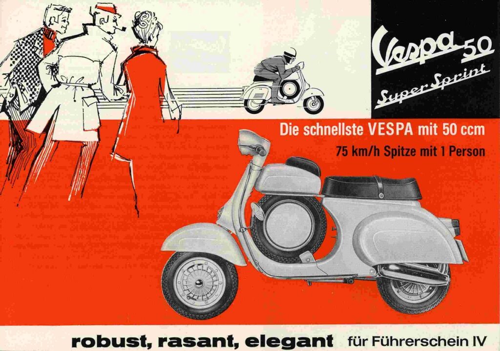 Señas de identidad (III): Vespa, el scooter eterno e invencible desde 1946 11 Publicidad Vespa 50 Sprint Alemania, 1963