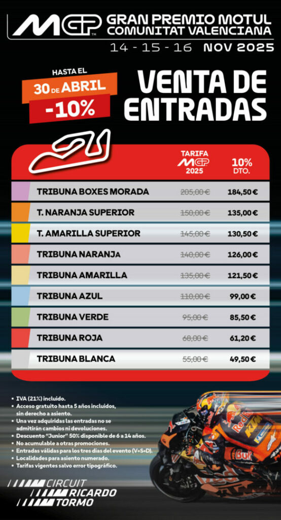 ¡Corre! Las entradas para ver el final de temporada de MotoGP 2025 están a punto de agotarse 2 25 01 MotoGP TarifasDescuento10 Hasta30Abril ESP scaled 1